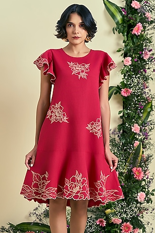 Red Linen Blend Embroidered Dress by ORIGANI