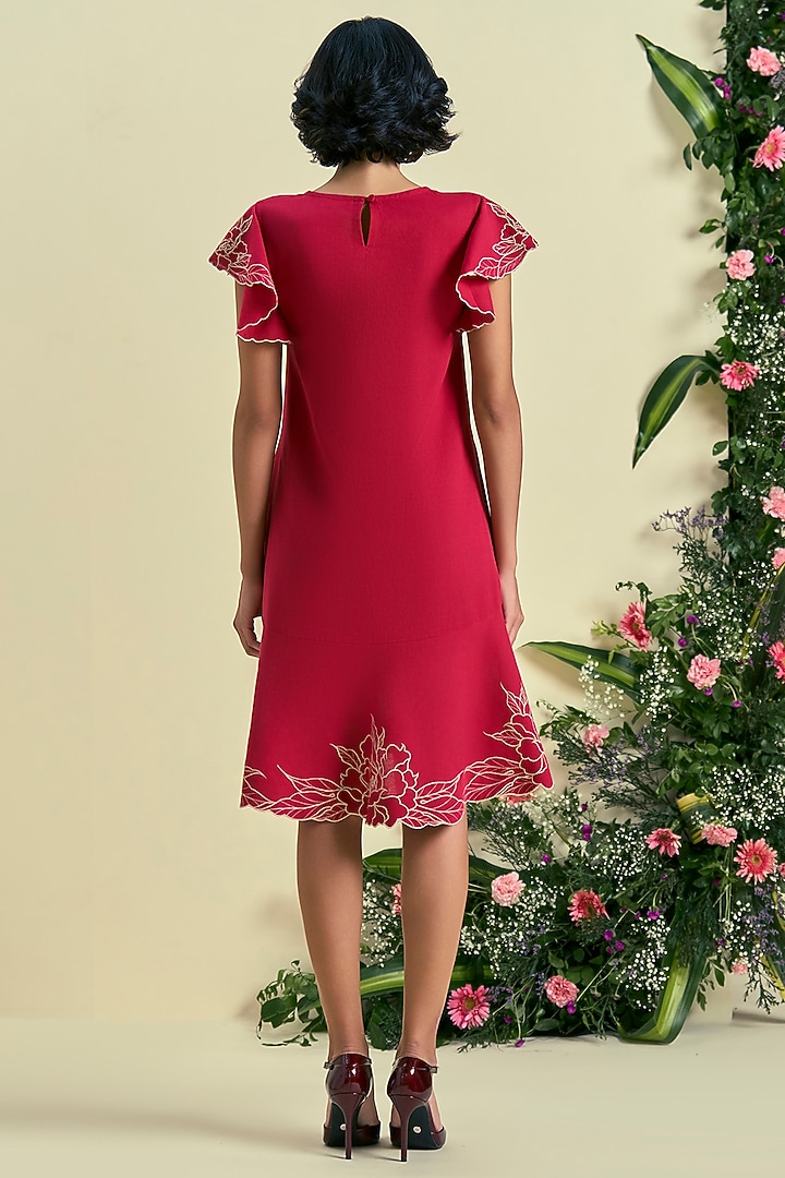 Red Linen Blend Embroidered Summer Dress by ORIGANI at Pernia's Pop Up Shop