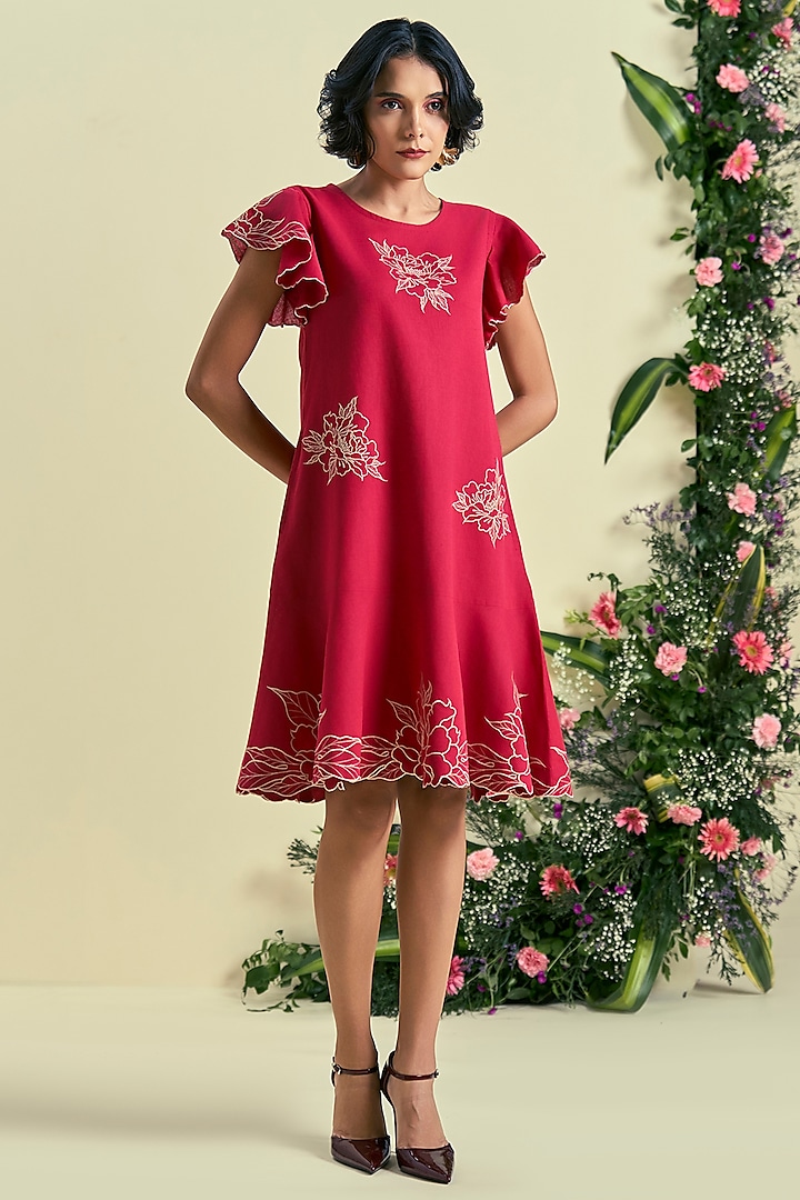 Red Linen Blend Embroidered Summer Dress by ORIGANI at Pernia's Pop Up Shop