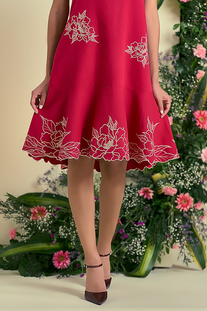 Red Linen Blend Embroidered Summer Dress by ORIGANI at Pernia's Pop Up Shop