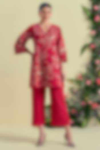 Red Linen Blend Floral Embroidered Tunic Set by ORIGANI at Pernia's Pop Up Shop