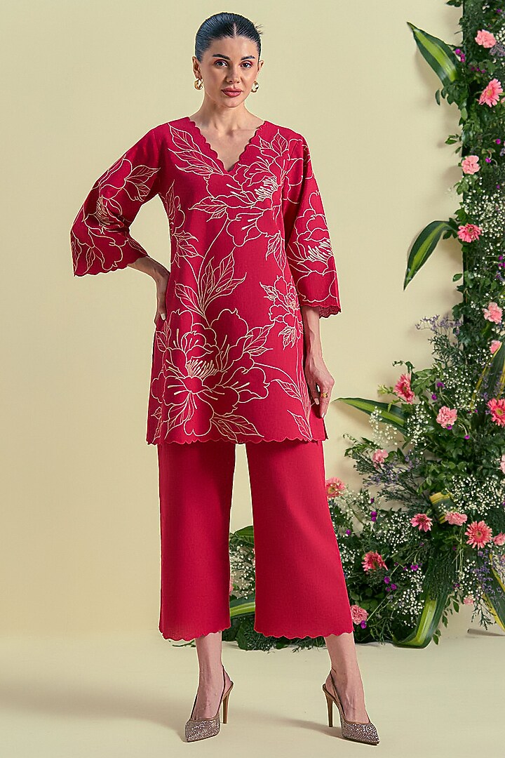 Red Linen Blend Floral Embroidered Tunic Set by ORIGANI at Pernia's Pop Up Shop