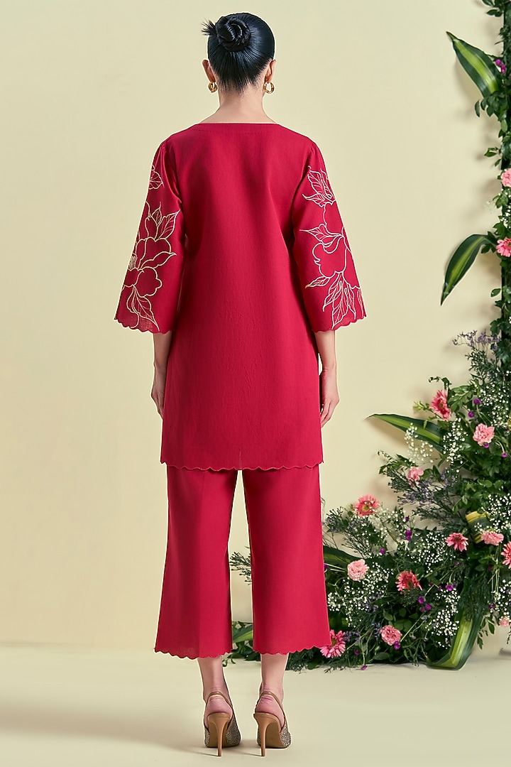 Red Linen Blend Floral Embroidered Tunic Set by ORIGANI at Pernia's Pop Up Shop