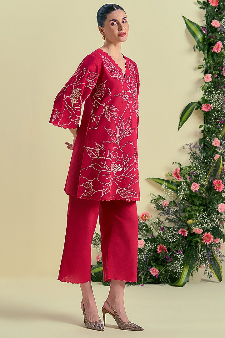 Red Linen Blend Floral Embroidered Tunic Set by ORIGANI at Pernia's Pop Up Shop