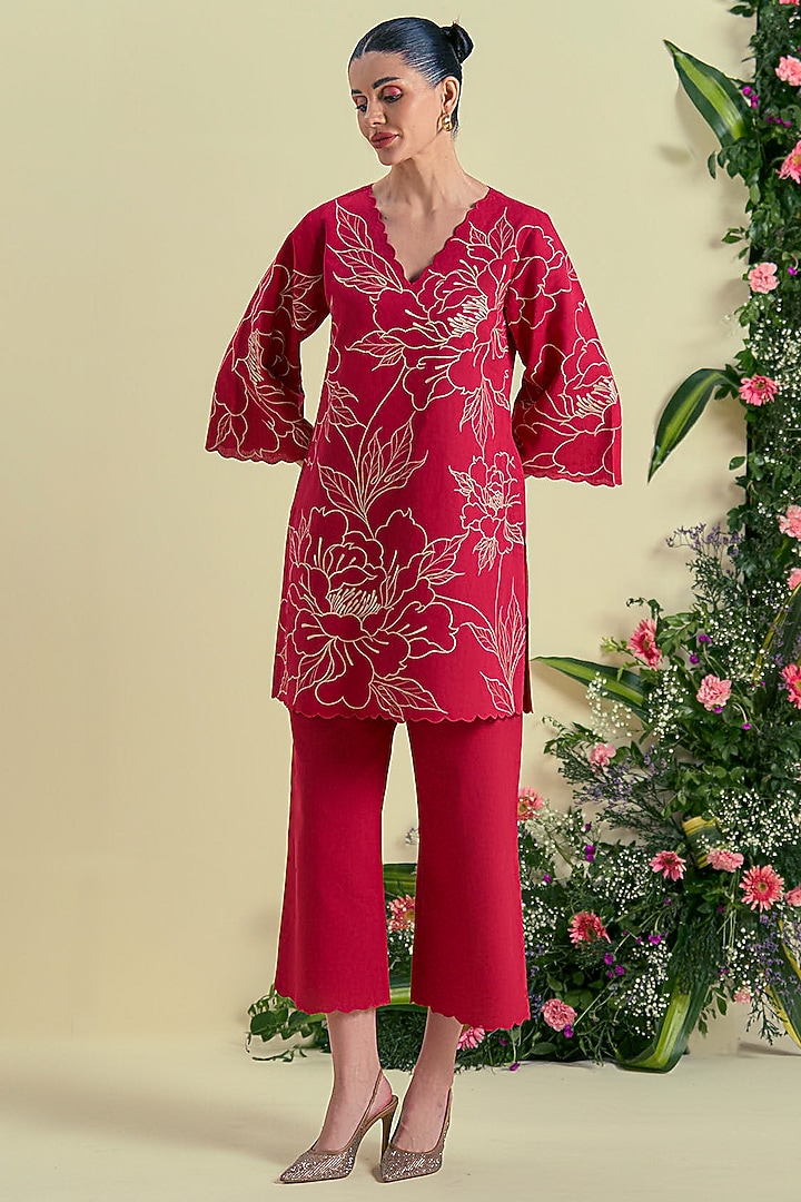 Red Linen Blend Floral Embroidered Tunic Set by ORIGANI at Pernia's Pop Up Shop
