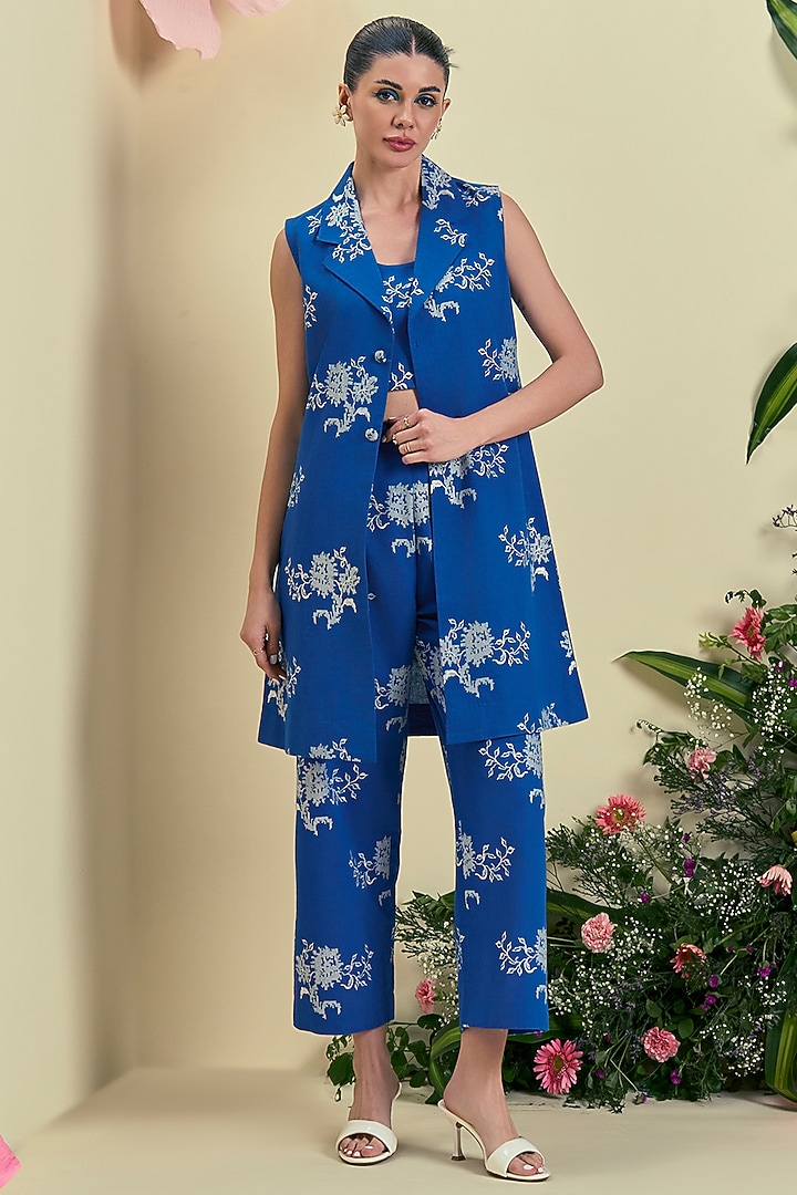 Blue Linen Blend Embroidered Co-Ord Set by ORIGANI at Pernia's Pop Up Shop