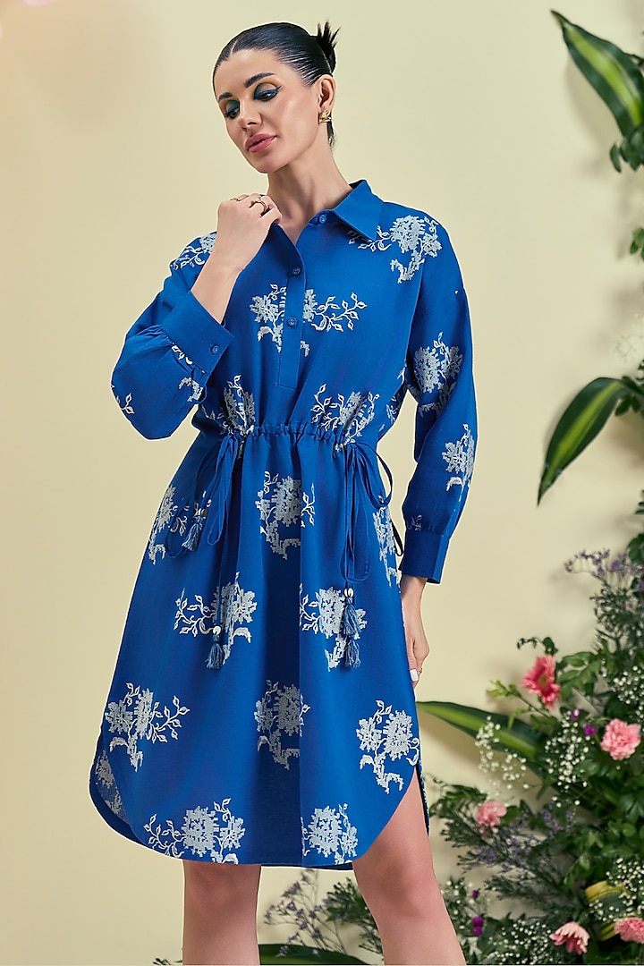Blue Linen Blend Knee-Length Summer Dress by ORIGANI at Pernia's Pop Up Shop
