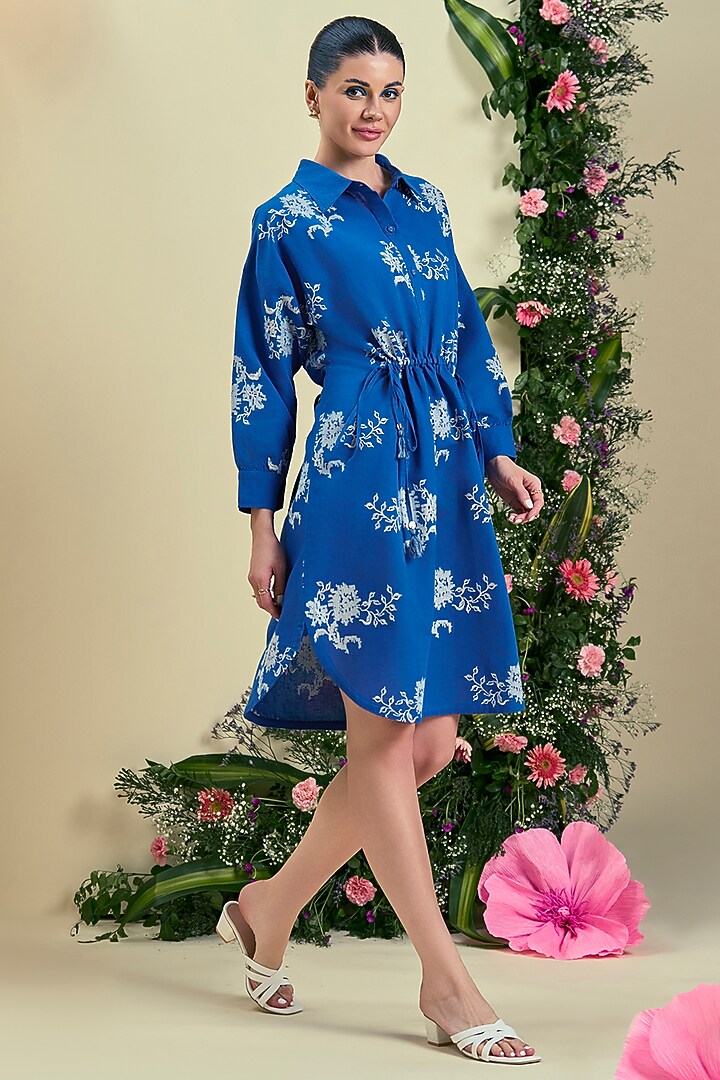 Blue Linen Blend Knee-Length Summer Dress by ORIGANI at Pernia's Pop Up Shop