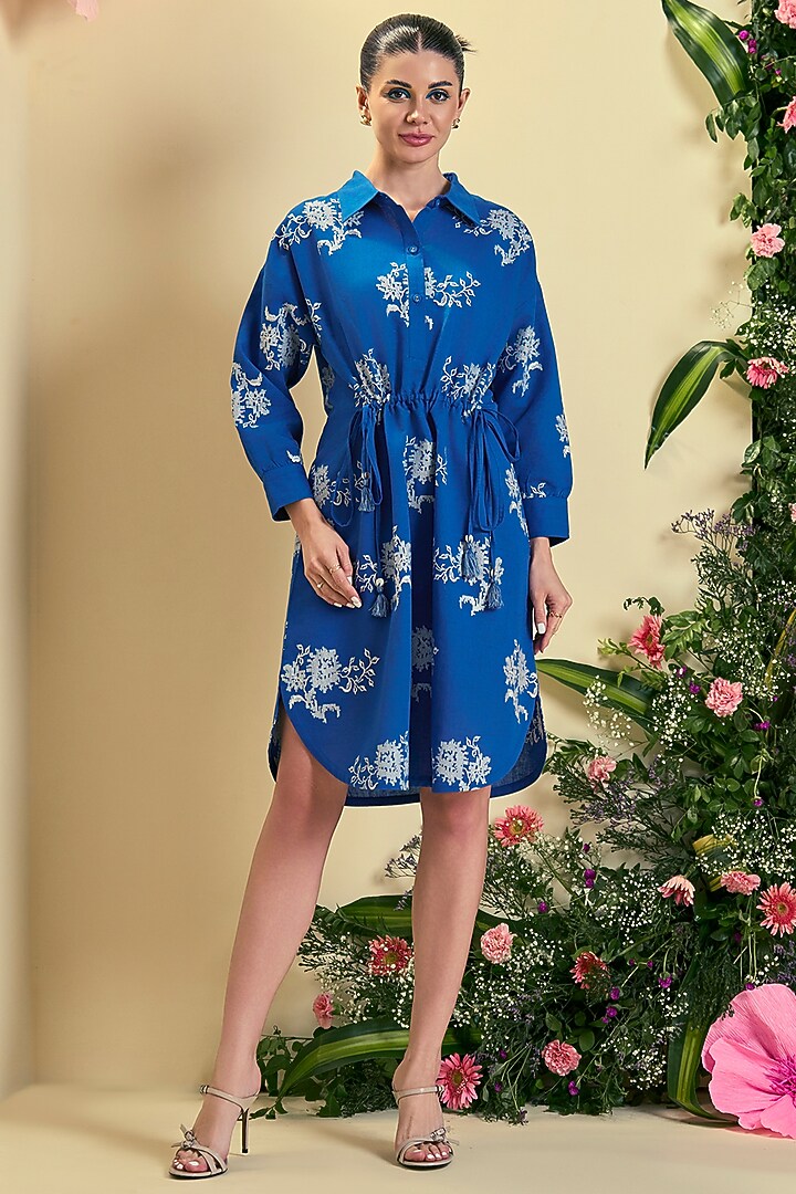 Blue Linen Blend Knee-Length Summer Dress by ORIGANI at Pernia's Pop Up Shop