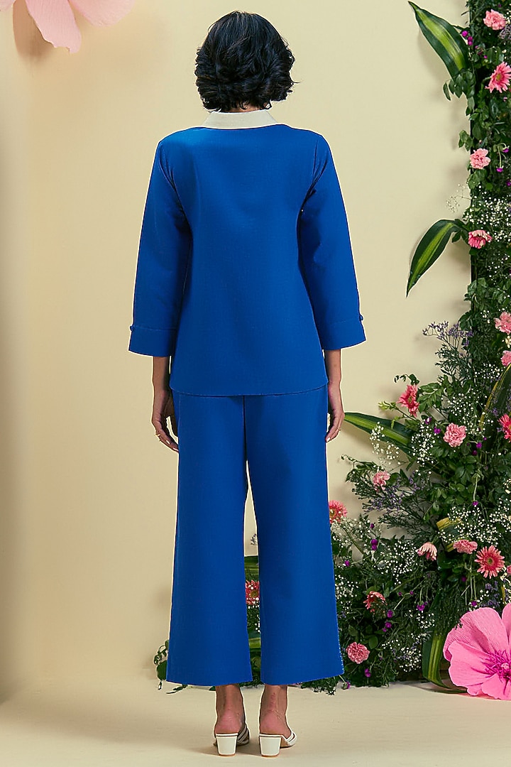 Blue & Off-White Linen Blend Color-Blocked Co-Ord Set by ORIGANI at Pernia's Pop Up Shop