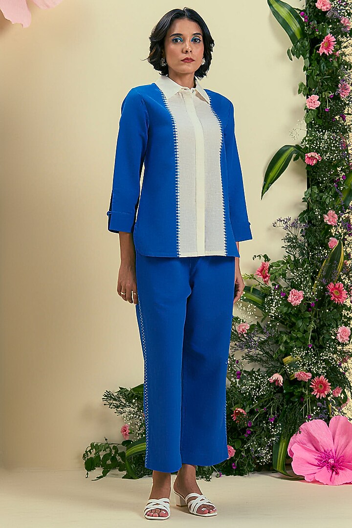 Blue & Off-White Linen Blend Color-Blocked Co-Ord Set by ORIGANI at Pernia's Pop Up Shop