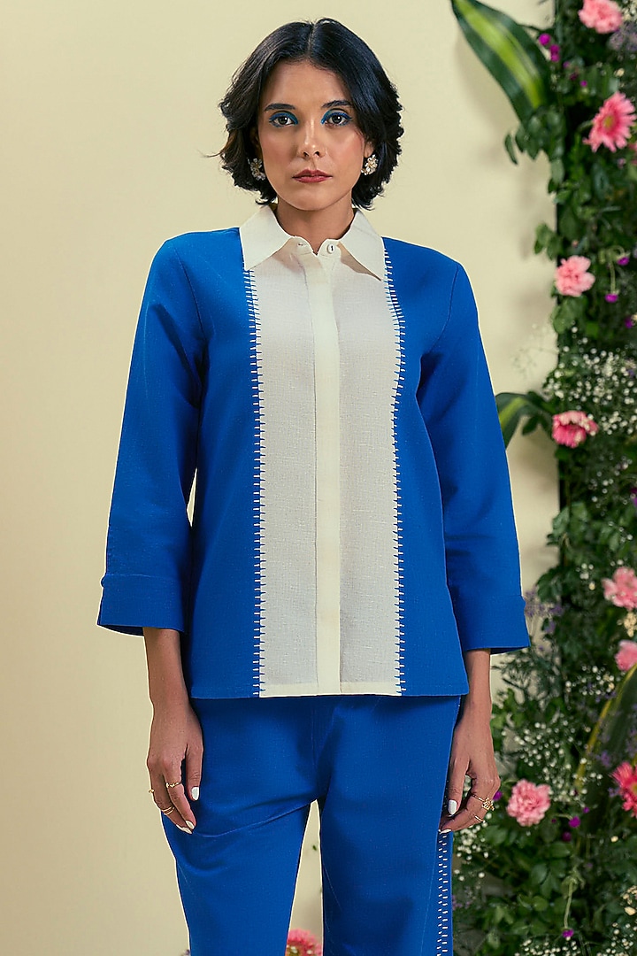 Blue & Off-White Linen Blend Color-Blocked Co-Ord Set by ORIGANI at Pernia's Pop Up Shop