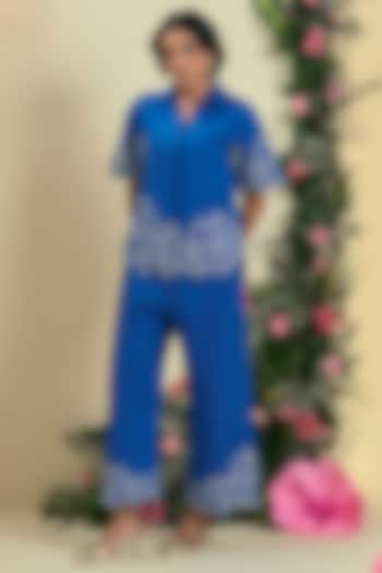 Blue Linen Blend Embroidered Co-Ord Set by ORIGANI at Pernia's Pop Up Shop