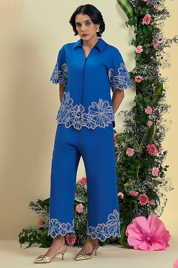 Blue Linen Blend Embroidered Co-Ord Set by ORIGANI at Pernia's Pop Up Shop