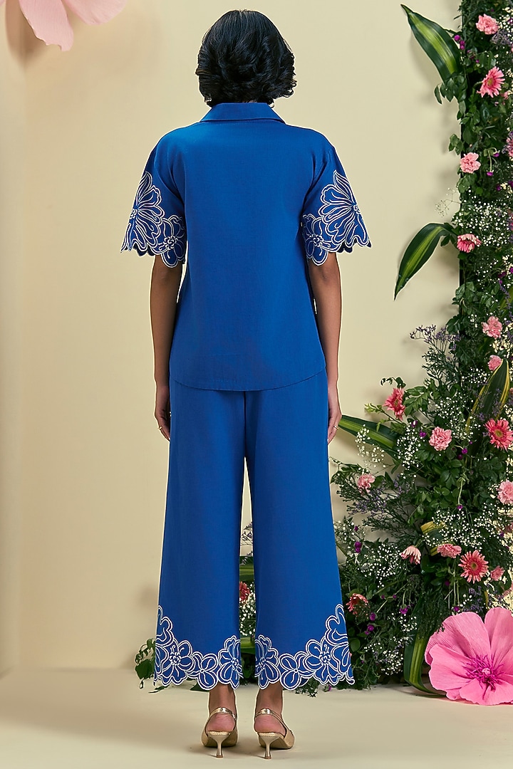 Blue Linen Blend Embroidered Co-Ord Set by ORIGANI at Pernia's Pop Up Shop