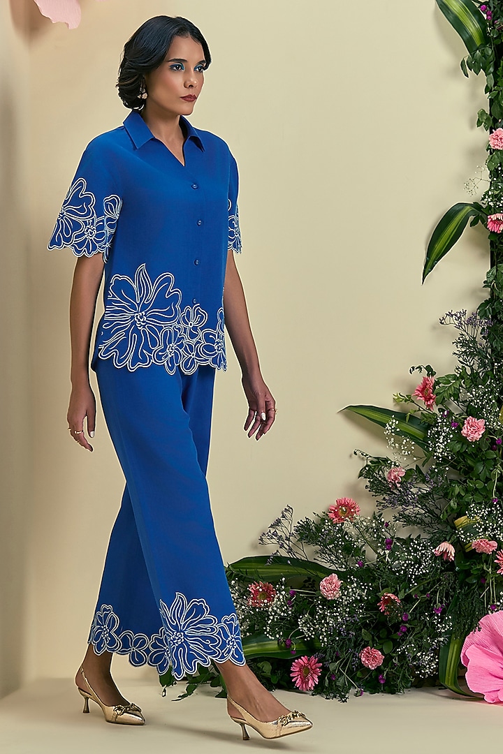 Blue Linen Blend Embroidered Co-Ord Set by ORIGANI at Pernia's Pop Up Shop