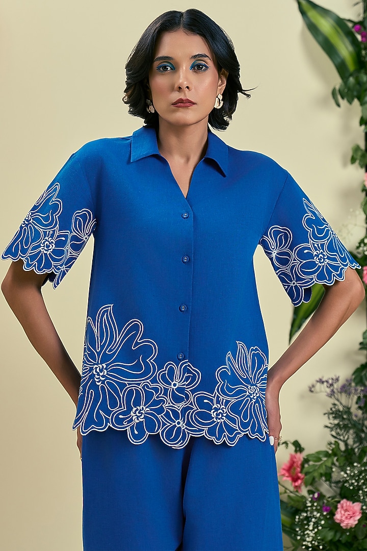 Blue Linen Blend Embroidered Co-Ord Set by ORIGANI at Pernia's Pop Up Shop