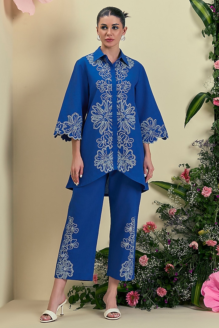 Blue Linen Blend Embroidered Tunic Set by ORIGANI at Pernia's Pop Up Shop