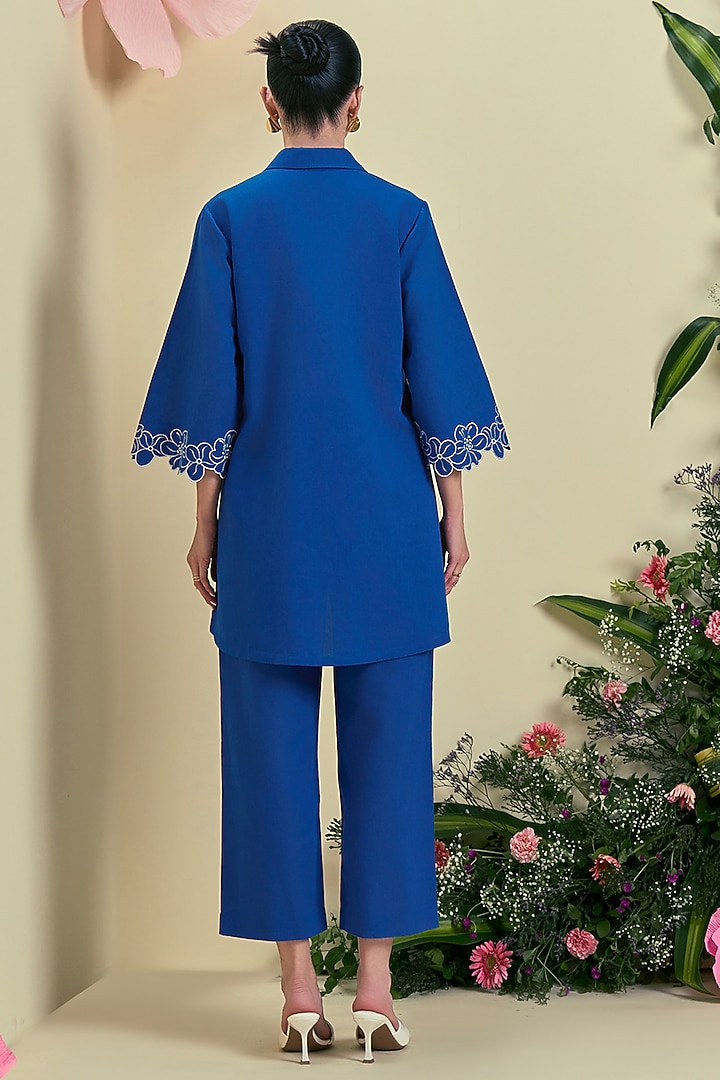 Blue Linen Blend Embroidered Tunic Set by ORIGANI at Pernia's Pop Up Shop