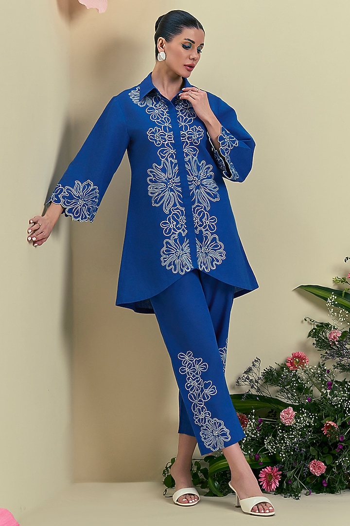 Blue Linen Blend Embroidered Tunic Set by ORIGANI at Pernia's Pop Up Shop