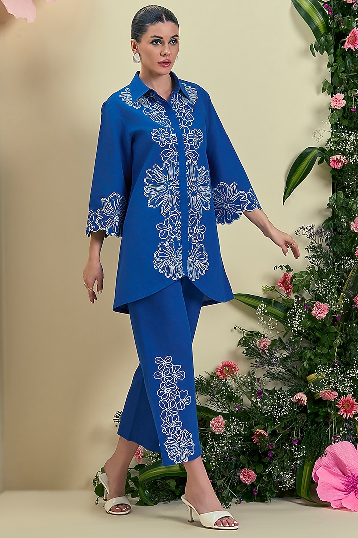 Blue Linen Blend Embroidered Tunic Set by ORIGANI at Pernia's Pop Up Shop