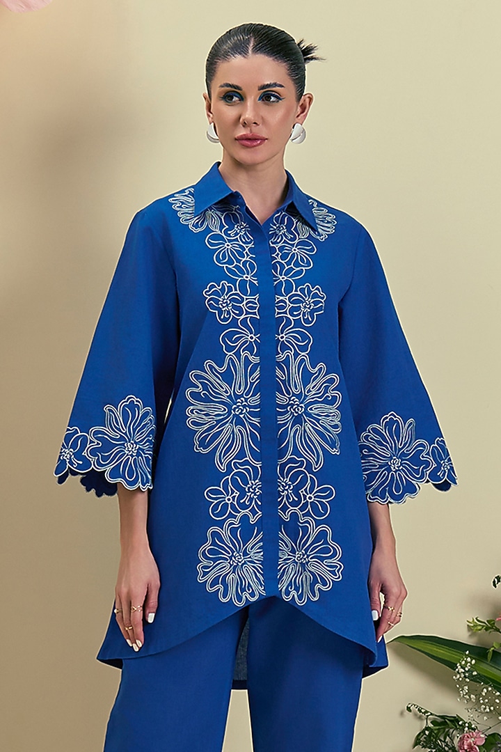 Blue Linen Blend Embroidered Tunic Set by ORIGANI at Pernia's Pop Up Shop