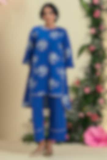 Blue Linen Blend Cross Stitch Embroidered Tunic Set by ORIGANI at Pernia's Pop Up Shop