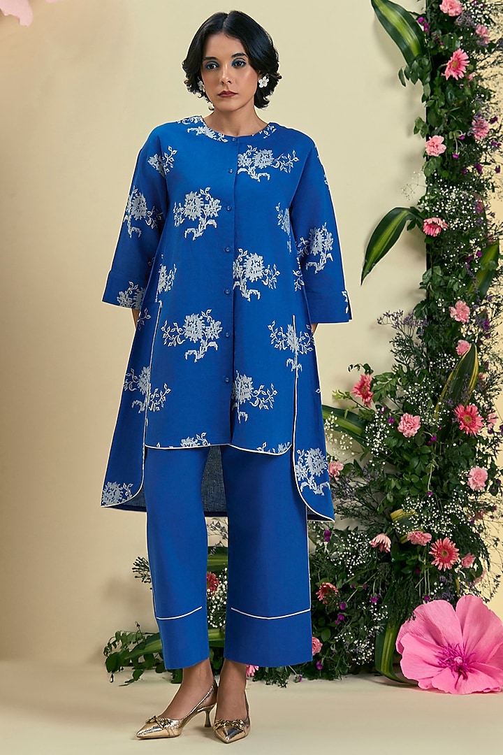Blue Linen Blend Cross Stitch Embroidered Tunic Set by ORIGANI at Pernia's Pop Up Shop