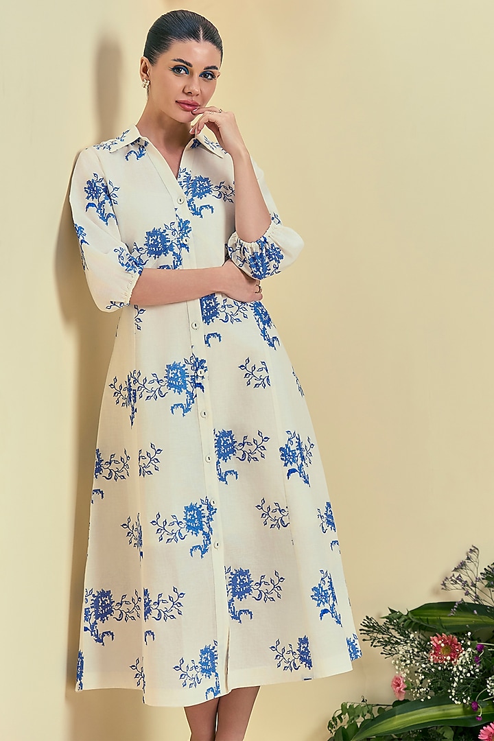 Off-White Linen Blend Embroidered Summer Dress by ORIGANI at Pernia's Pop Up Shop