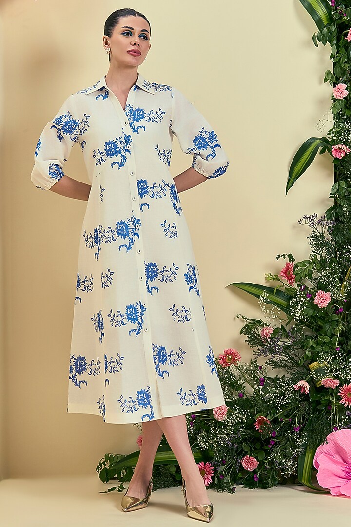 Off-White Linen Blend Embroidered Vacation Dress by ORIGANI at Pernia's Pop Up Shop