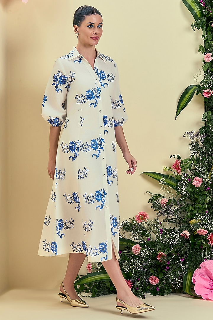 Off-White Linen Blend Embroidered Vacation Dress by ORIGANI at Pernia's Pop Up Shop