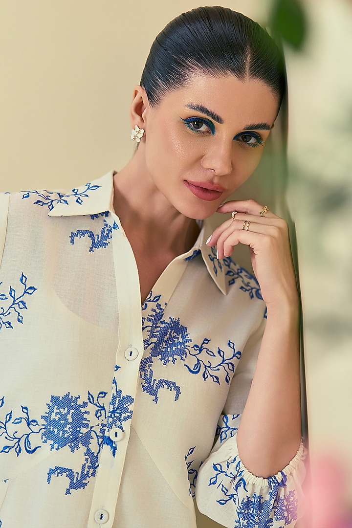 Off-White Linen Blend Embroidered Vacation Dress by ORIGANI at Pernia's Pop Up Shop