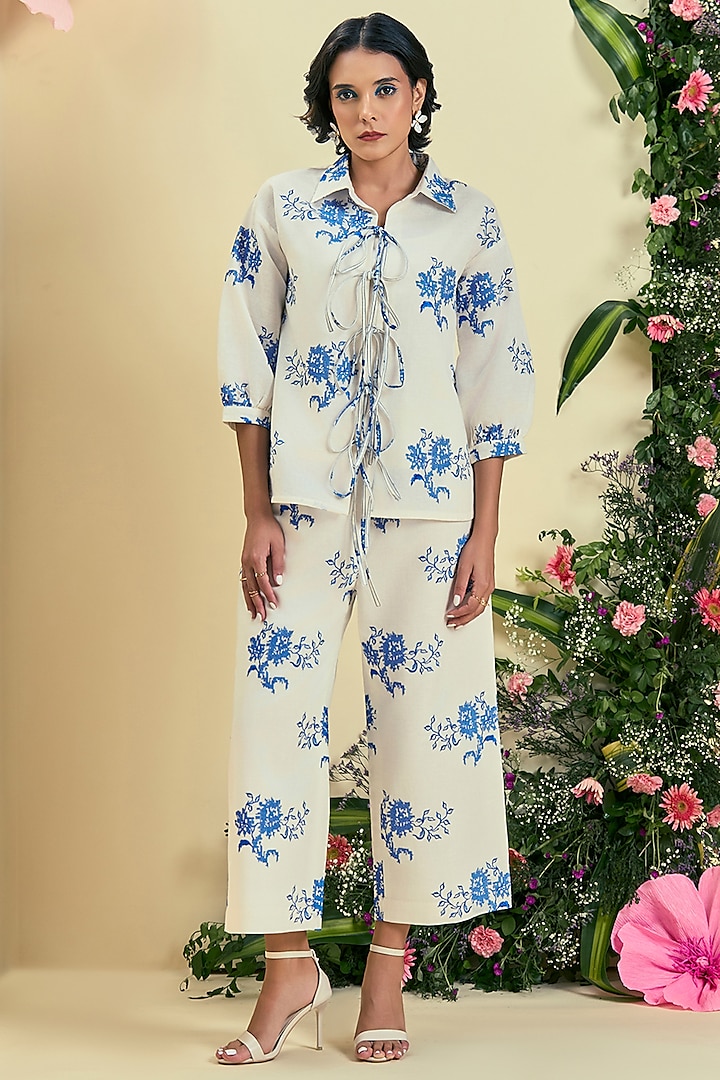 Off-White Linen Blend Embroidered Co-Ord Set by ORIGANI at Pernia's Pop Up Shop