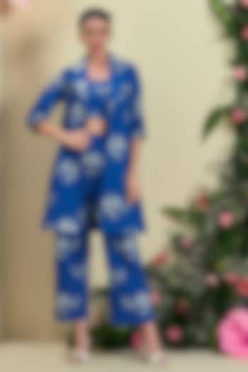 Blue Linen Blend Embroidered Co-Ord Set by ORIGANI at Pernia's Pop Up Shop