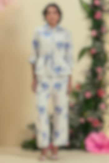Off-White Linen Blend Embroidered Co-Ord Set by ORIGANI at Pernia's Pop Up Shop