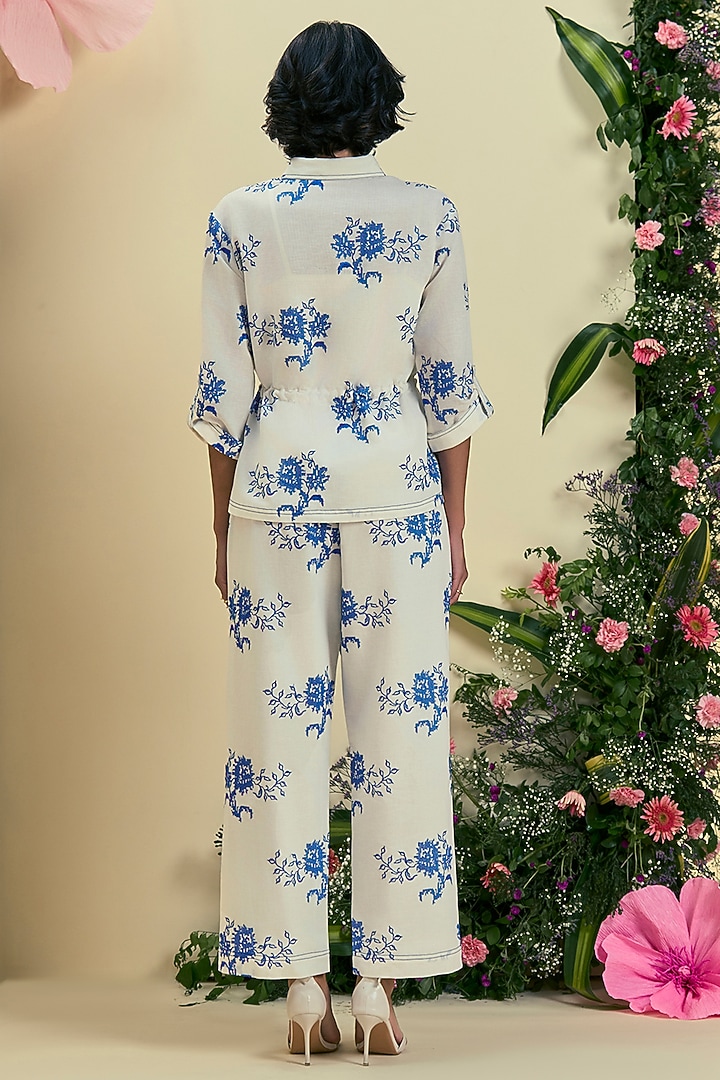 Off-White Linen Blend Embroidered Co-Ord Set by ORIGANI at Pernia's Pop Up Shop