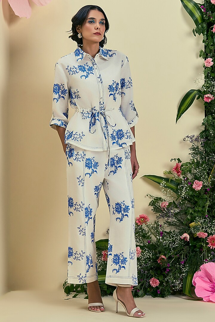 Off-White Linen Blend Embroidered Co-Ord Set by ORIGANI at Pernia's Pop Up Shop