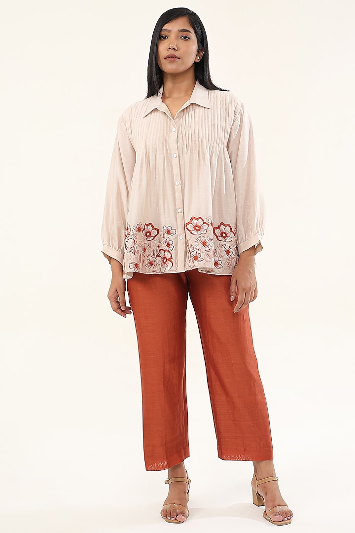 Off-White & Rust Chanderi Silk Thread Work Co-Ord Set by ORIGANI