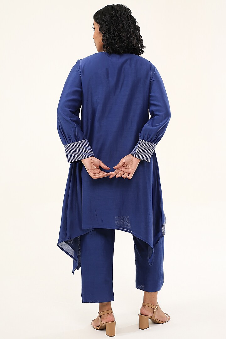 Blue Chanderi Silk Thread Work Asymmetric Kurta Set by ORIGANI at Pernia's Pop Up Shop