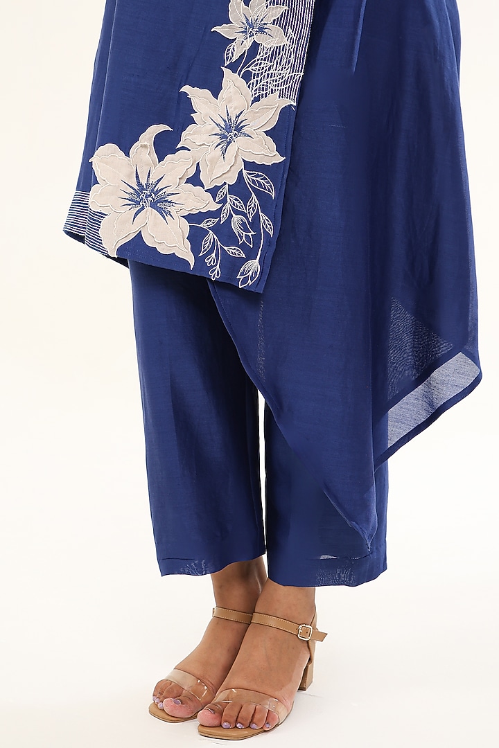 Blue Chanderi Silk Thread Work Asymmetric Kurta Set by ORIGANI at Pernia's Pop Up Shop