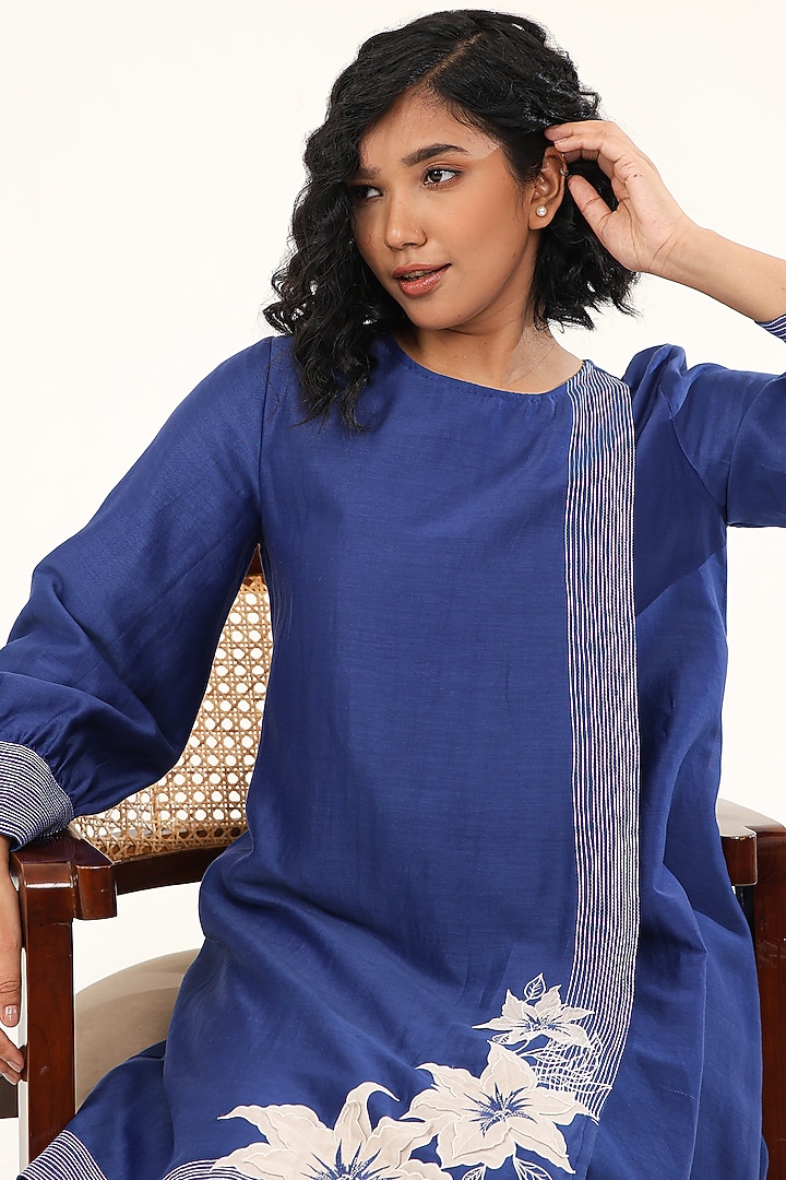 Blue Chanderi Silk Thread Work Asymmetric Kurta Set by ORIGANI at Pernia's Pop Up Shop