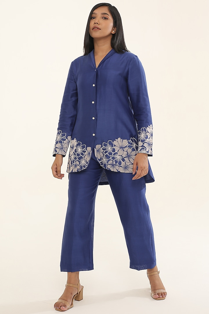 Blue Chanderi Silk Thread Work Co-Ord Set by ORIGANI at Pernia's Pop Up Shop