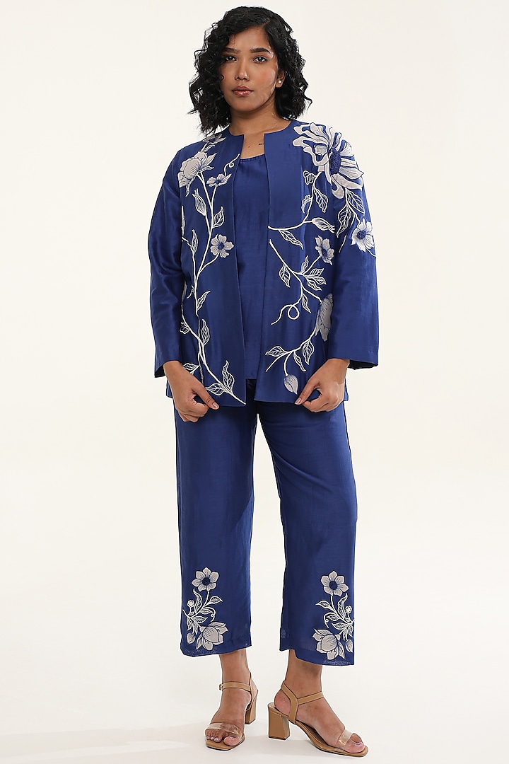 Blue Chanderi Silk Applique Embroidered Jacket Set by ORIGANI at Pernia's Pop Up Shop