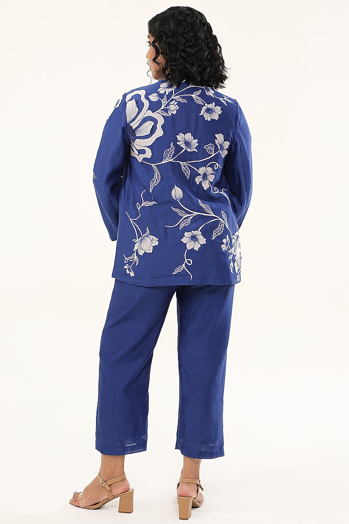 Blue Chanderi Silk Applique Embroidered Jacket Set by ORIGANI at Pernia's Pop Up Shop