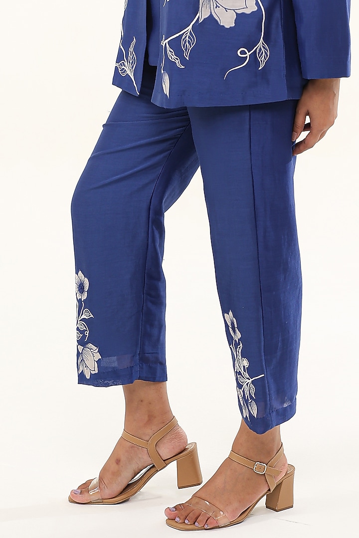 Blue Chanderi Silk Applique Embroidered Jacket Set by ORIGANI at Pernia's Pop Up Shop