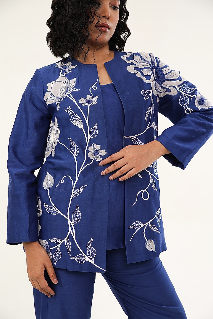 Blue Chanderi Silk Applique Embroidered Jacket Set by ORIGANI at Pernia's Pop Up Shop