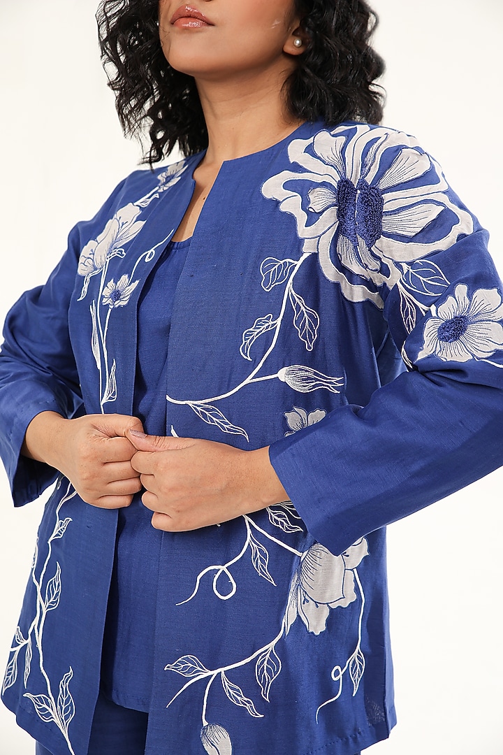 Blue Chanderi Silk Applique Embroidered Jacket Set by ORIGANI at Pernia's Pop Up Shop