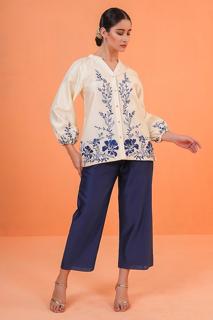 Ivory & Blue Chanderi Silk Thread Embroidered Co-Ord Set by ORIGANI at Pernia's Pop Up Shop