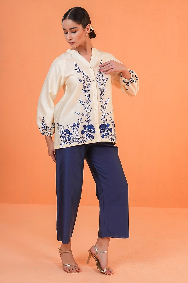 Ivory & Blue Chanderi Silk Thread Embroidered Co-Ord Set by ORIGANI at Pernia's Pop Up Shop