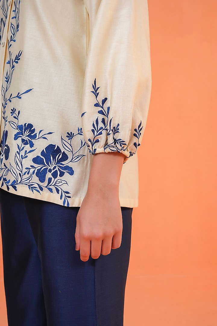 Ivory & Blue Chanderi Silk Thread Embroidered Co-Ord Set by ORIGANI at Pernia's Pop Up Shop